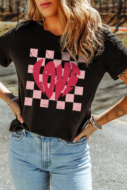 Love Lettering Checkered Print Short Sleeve Graphic Tee