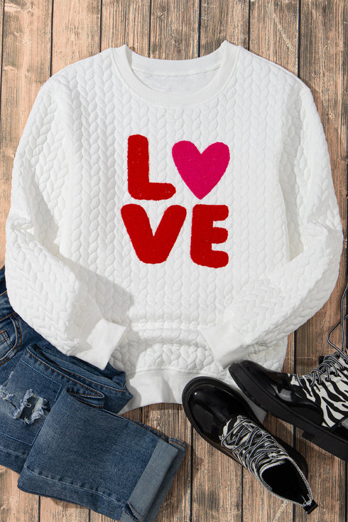 LOVE Textured Cable Knit Letter Print Crew Neck Sweater