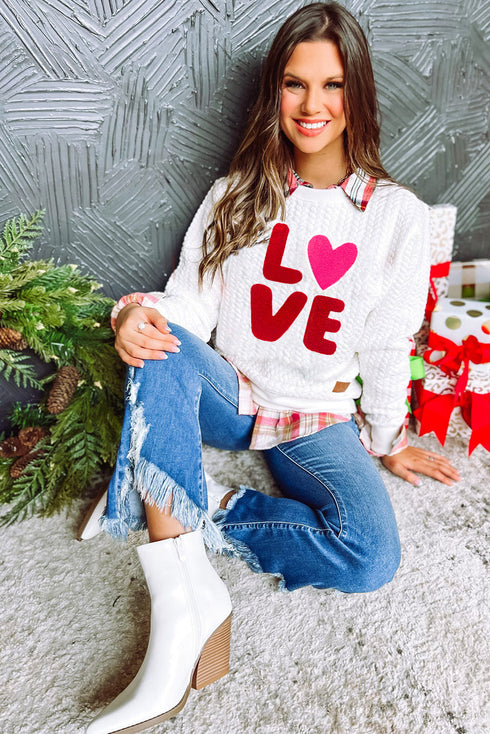LOVE Textured Cable Knit Letter Print Crew Neck Sweater