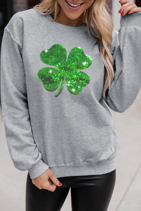 Lucky Charm Sequin Graphic Ribbed Trim Sweatshirt