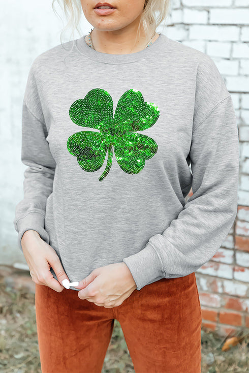 Lucky Charm Sequin Graphic Ribbed Trim Sweatshirt