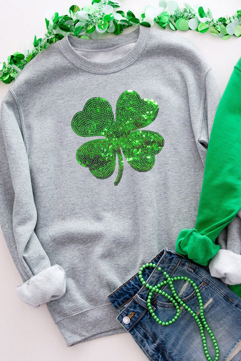 Lucky Charm Sequin Graphic Ribbed Trim Sweatshirt