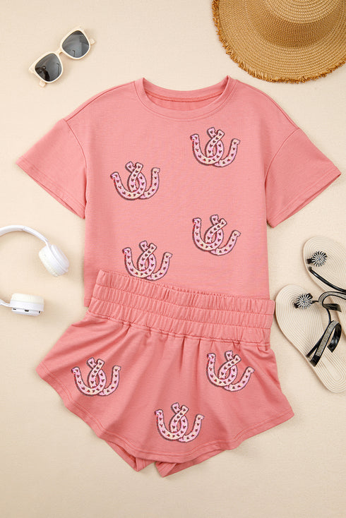 Lucky Charm Sequin Horseshoe Graphic Washed Crop Tee And Skort Set