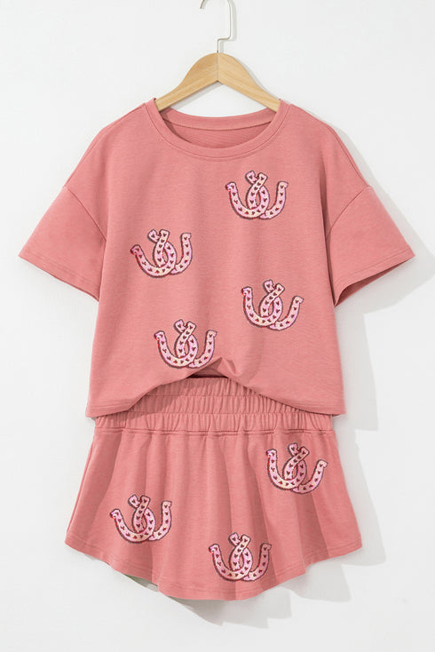 Lucky Charm Sequin Horseshoe Graphic Washed Crop Tee And Skort Set