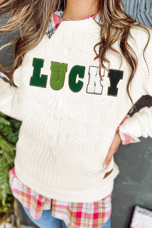 LUCKY Chenille Letter Embroidered Cable Knit Pullover Sweatshirt