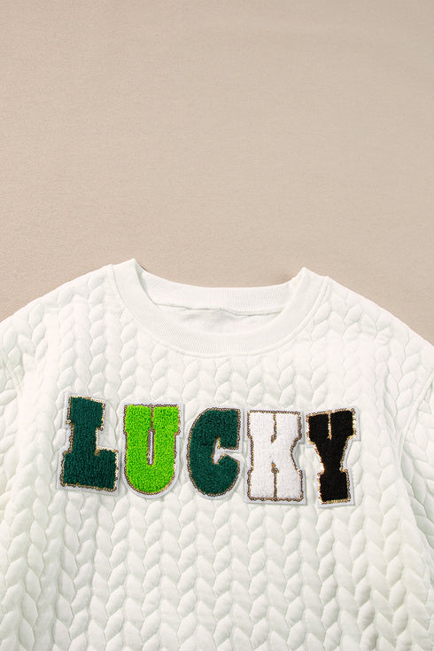 LUCKY Chenille Letter Embroidered Cable Knit Pullover Sweatshirt