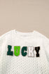 LUCKY Chenille Letter Embroidered Cable Knit Pullover Sweatshirt