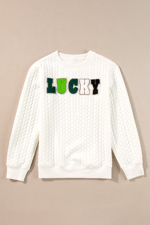 LUCKY Chenille Letter Embroidered Cable Knit Pullover Sweatshirt