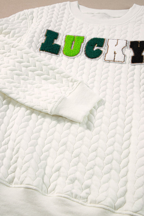 LUCKY Chenille Letter Embroidered Cable Knit Pullover Sweatshirt