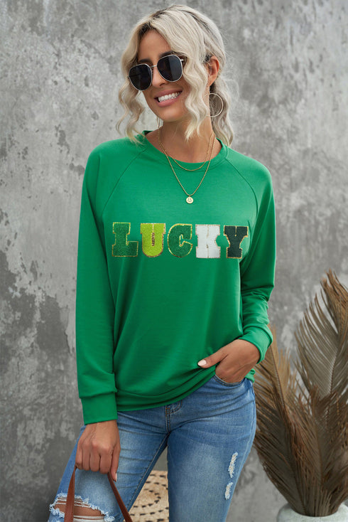 Lucky Chenille Patch Graphic Crew Neck Sweatshirt