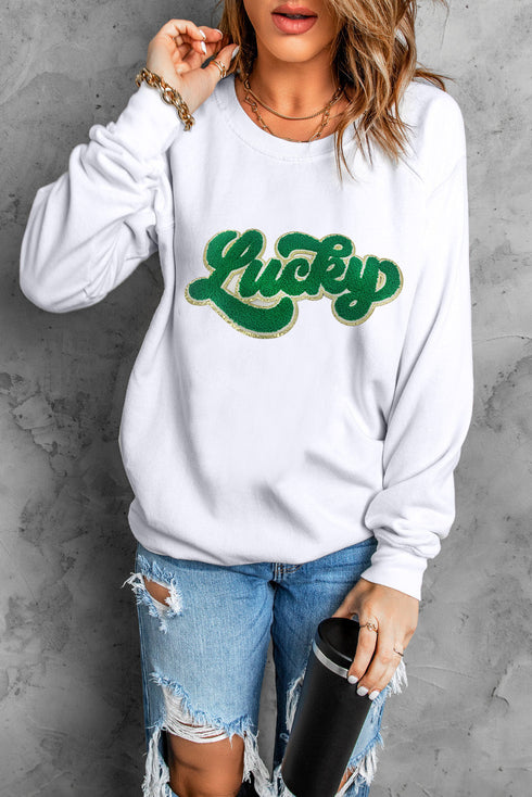 Lucky Chenille Patch Graphic Pullover Sweatshirt