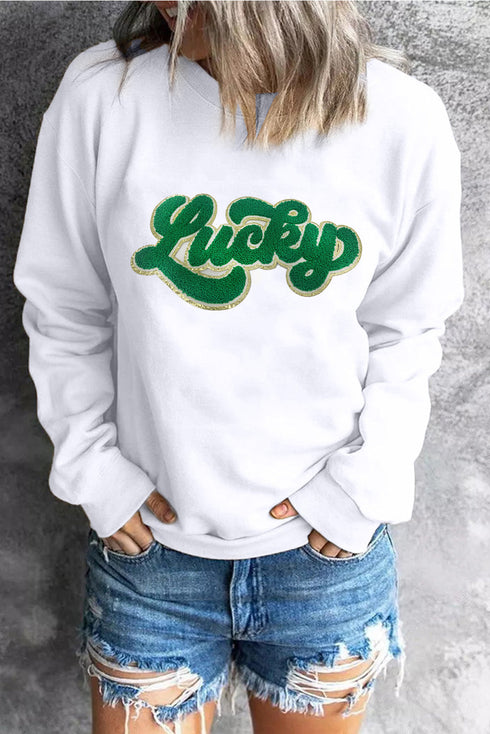 Lucky Chenille Patch Graphic Pullover Sweatshirt
