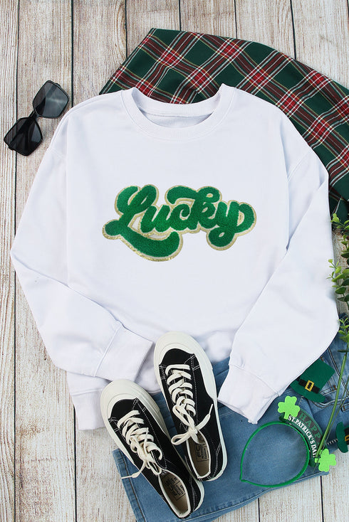 Lucky Chenille Patch Graphic Pullover Sweatshirt