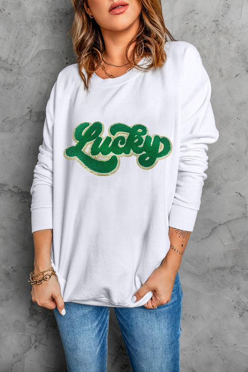 Lucky Chenille Patch Graphic Pullover Sweatshirt