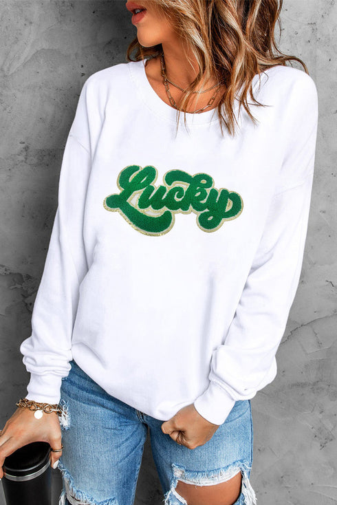 Lucky Chenille Patch Graphic Pullover Sweatshirt