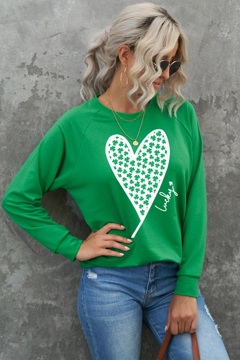 Lucky Clover Heart Graphic Print Raglan Sleeve Sweatshirt