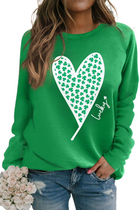 Lucky Clover Heart Graphic Print Raglan Sleeve Sweatshirt