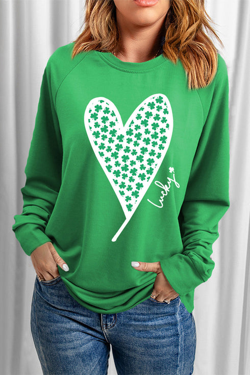 Lucky Clover Heart Graphic Print Raglan Sleeve Sweatshirt