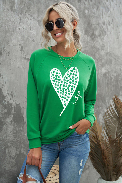 Lucky Clover Heart Graphic Print Raglan Sleeve Sweatshirt