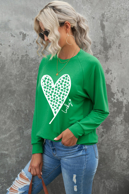 Lucky Clover Heart Graphic Print Raglan Sleeve Sweatshirt