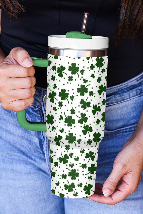 Lucky Clover Print Thermal Alloy Travel Tumbler With Handle
