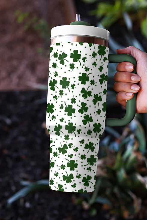 Lucky Clover Print Thermal Alloy Travel Tumbler With Handle