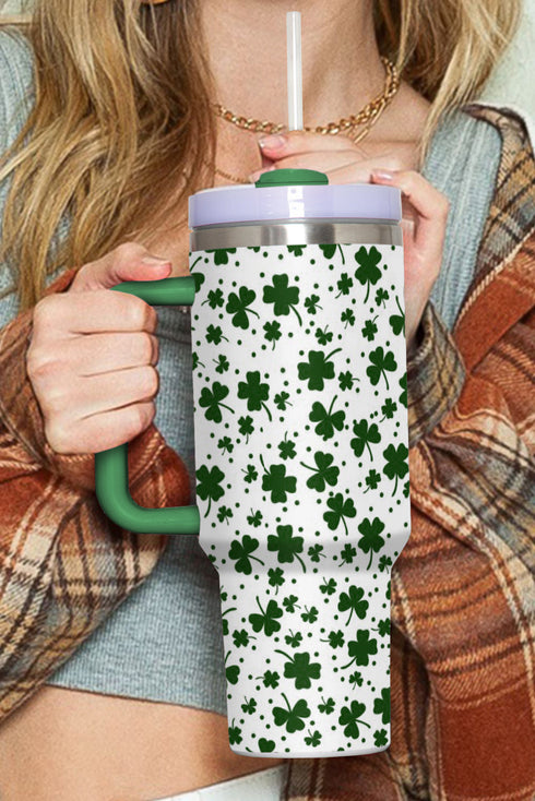 Lucky Clover Print Thermal Alloy Travel Tumbler With Handle