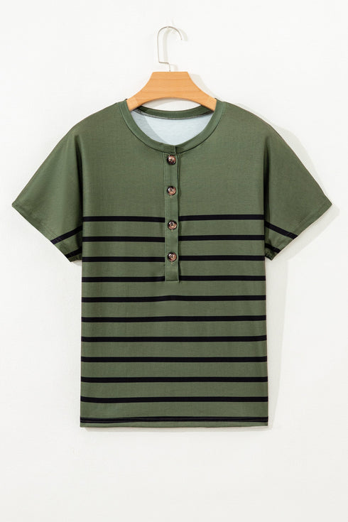 Lucky Clover Striped Half Button Crew Neck Tee