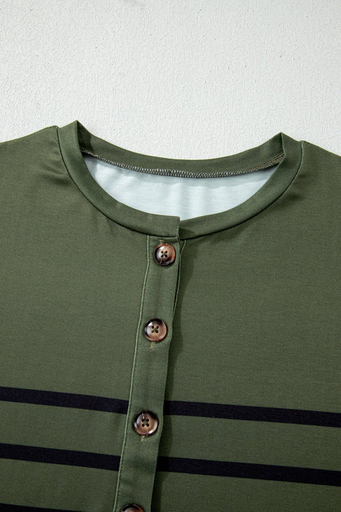 Lucky Clover Striped Half Button Crew Neck Tee