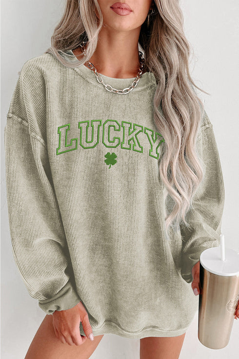 Lucky Graphic Corded Knit Oversized Pullover Sweatshirt