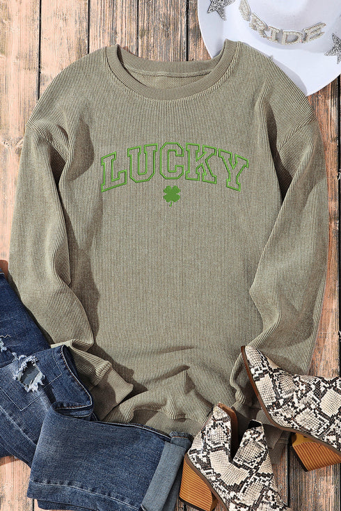 Lucky Graphic Corded Knit Oversized Pullover Sweatshirt