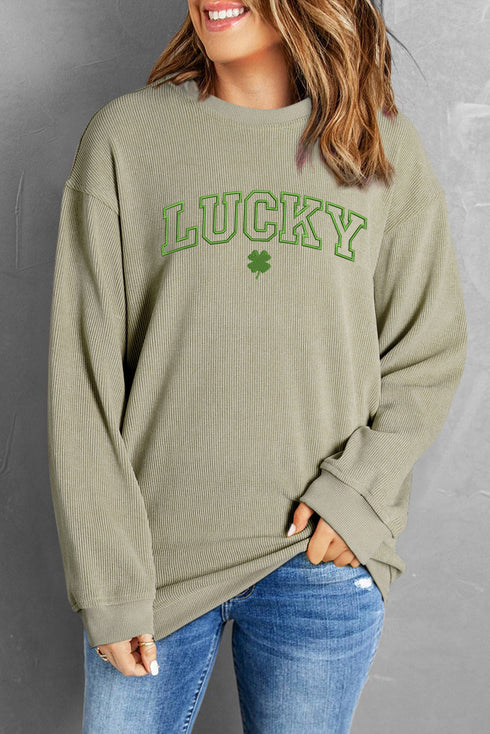 Lucky Graphic Corded Knit Oversized Pullover Sweatshirt