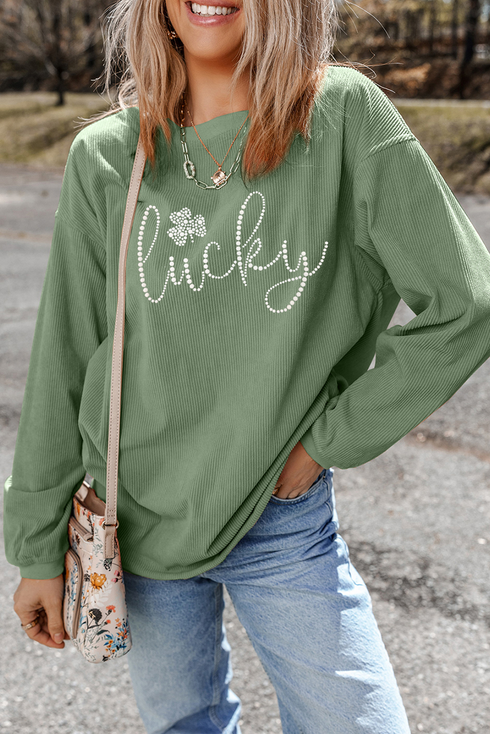 Lucky Graphic Corded Ribbed Crew Neck Sweatshirt