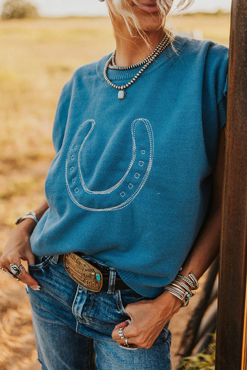 Lucky Horseshoe Graphic Crew Neck Sleeveless Sweater