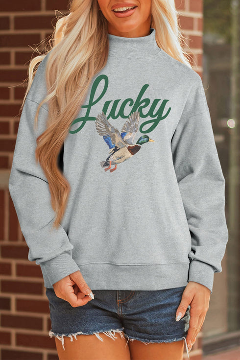 Lucky Mallard Print Mock Neck Pullover Sweatshirt