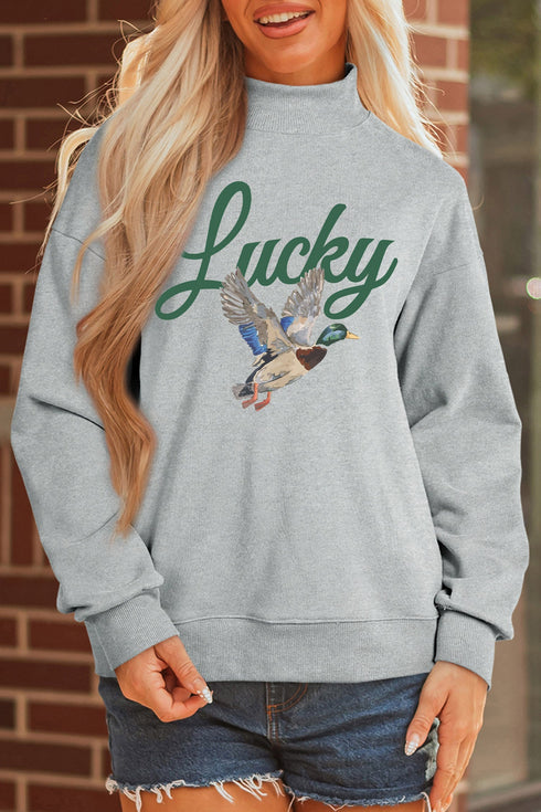 Lucky Mallard Print Mock Neck Pullover Sweatshirt