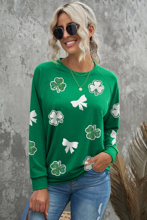 Lucky Shamrock And Bow Graphic Print Pullover Sweatshirt