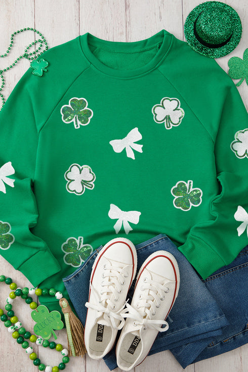 Lucky Shamrock And Bow Graphic Print Pullover Sweatshirt