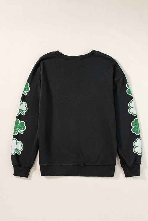 Lucky Shamrock Sleeve Graphic Crew Neck Pullover Sweatshirt
