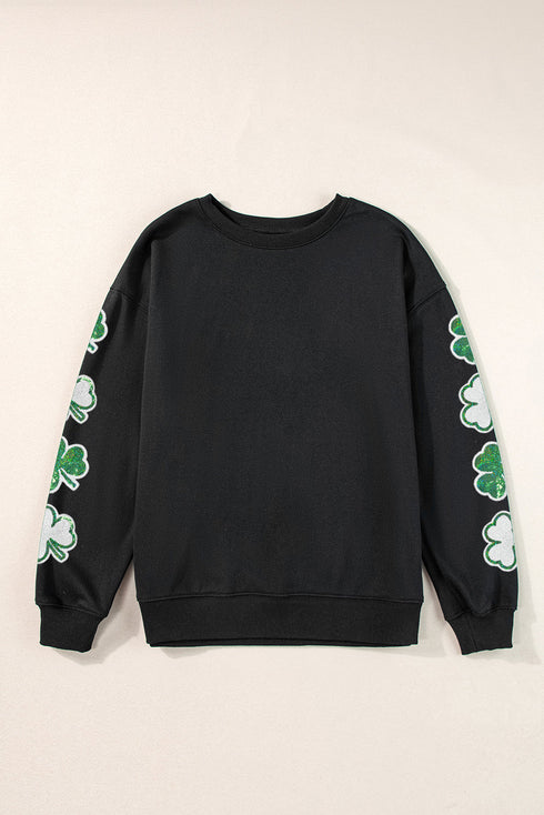 Lucky Shamrock Sleeve Graphic Crew Neck Pullover Sweatshirt