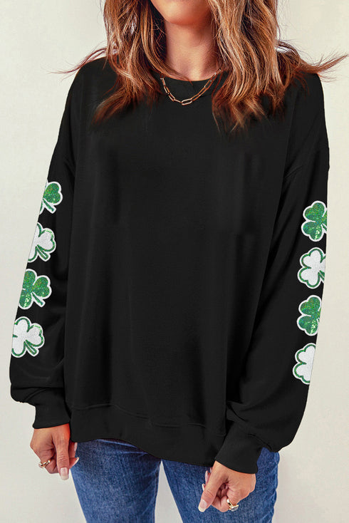 Lucky Shamrock Sleeve Graphic Crew Neck Pullover Sweatshirt