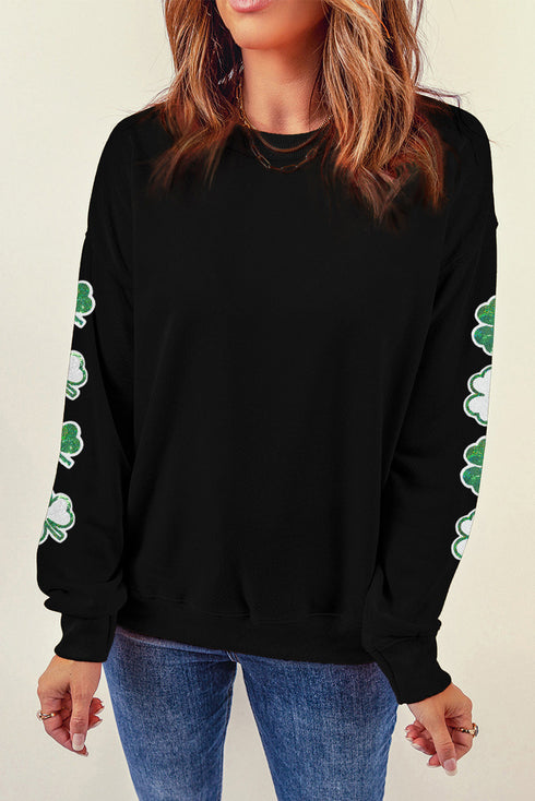 Lucky Shamrock Sleeve Graphic Crew Neck Pullover Sweatshirt
