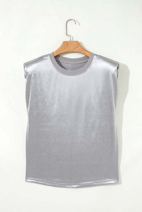 Luminous Metallic Sheen Crew Neck Satin Finish Shift Tank Top