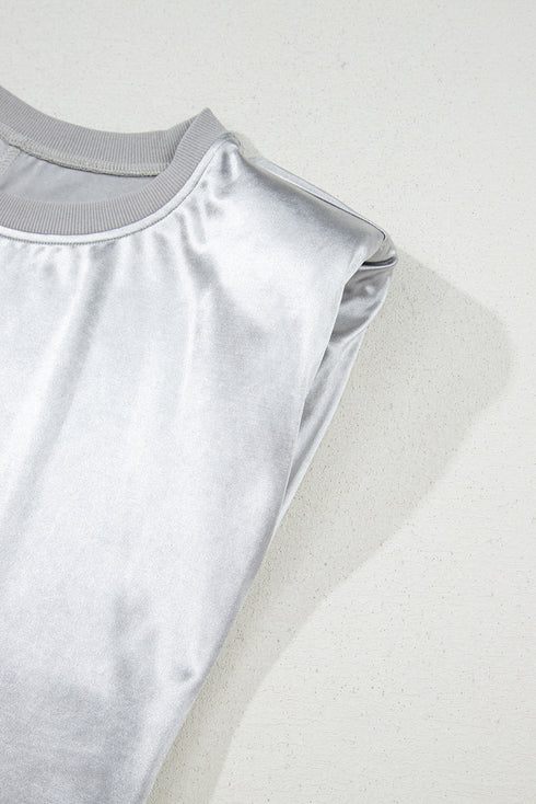 Luminous Metallic Sheen Crew Neck Satin Finish Shift Tank Top