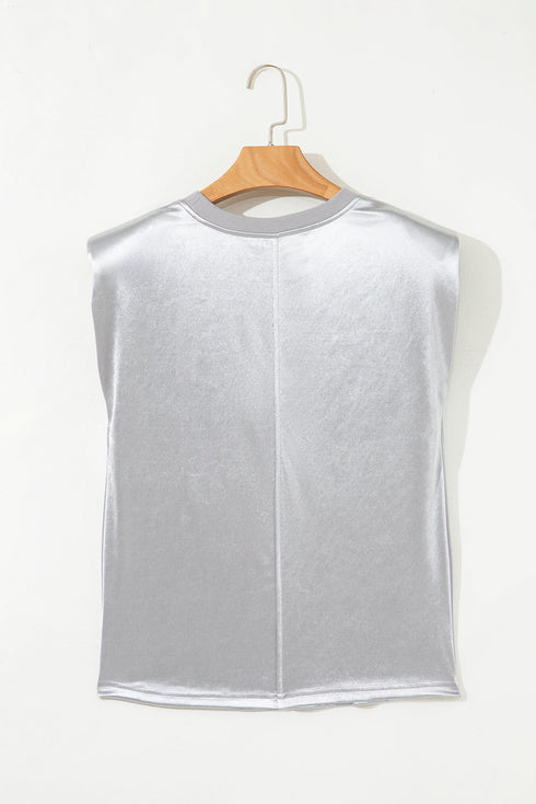 Luminous Metallic Sheen Crew Neck Satin Finish Shift Tank Top