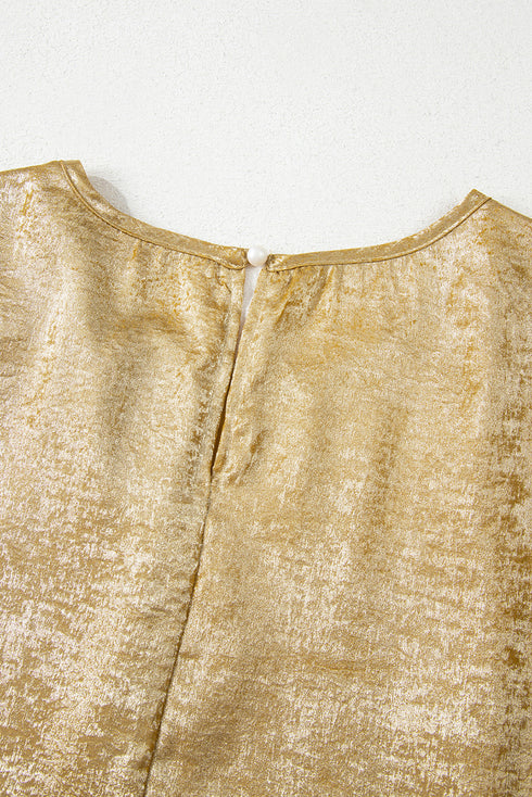 Luminous Pleated Detail Round Neck Short Sleeve Casual Blouse Top