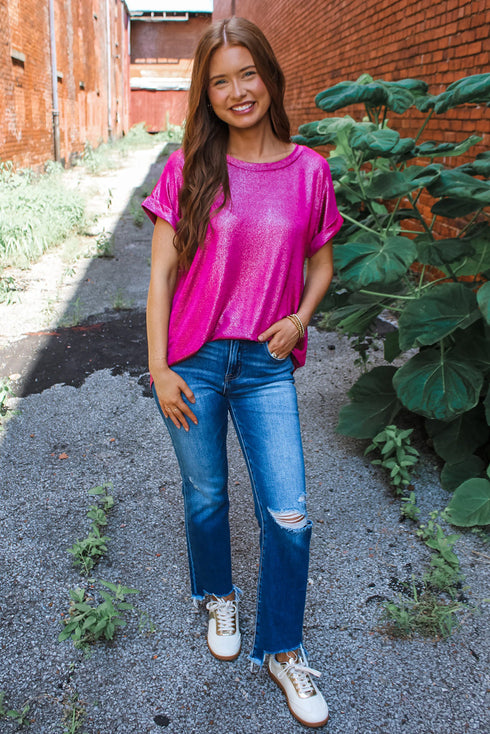 Luminous Shine Cuffed Short Sleeve Casual Everyday Glam Top