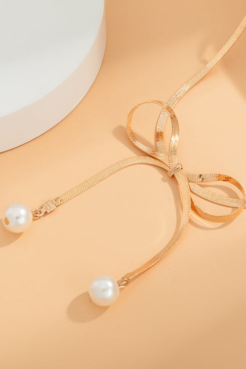 Lustrous Bow Detail Plated Metal Chain Necklace