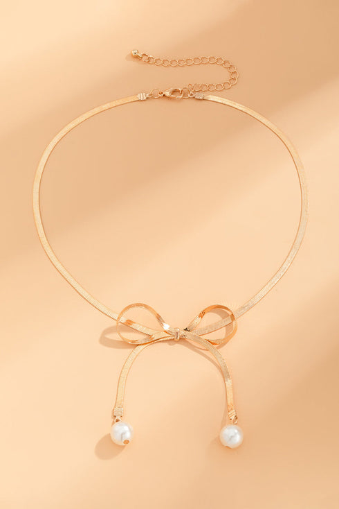 Lustrous Bow Detail Plated Metal Chain Necklace