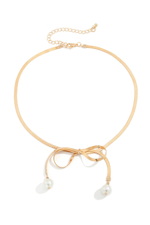 Lustrous Bow Detail Plated Metal Chain Necklace